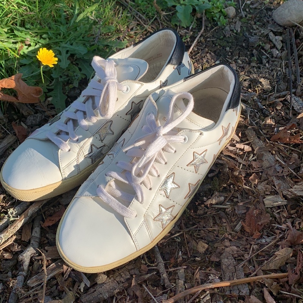 Saint Laurent Paris bright white silver star navy Sneakers Sz 42 1/2 designer